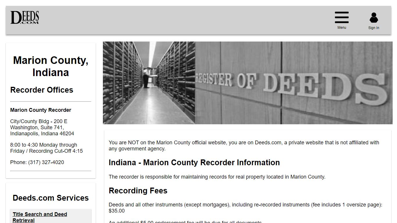 Marion County Recorder Information Indiana - Deeds.com